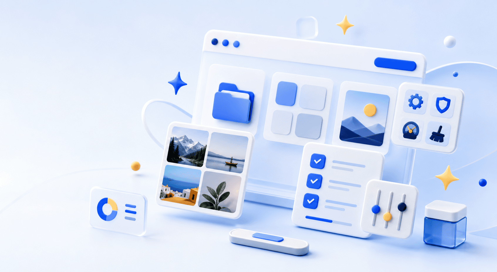 Illustration of a digital workspace with small apps for photos, tasks and everyday tools