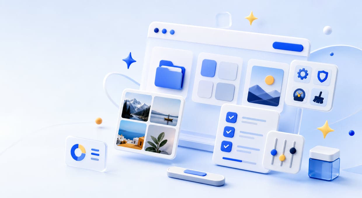 Illustration of a digital workspace with small apps for photos, tasks and everyday tools