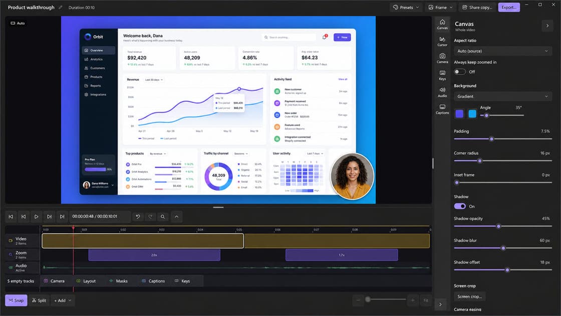Screen Reel editor framing a dashboard recording with a gradient background, rounded corners and shadow, zoom segments on the timeline, and a webcam bubble