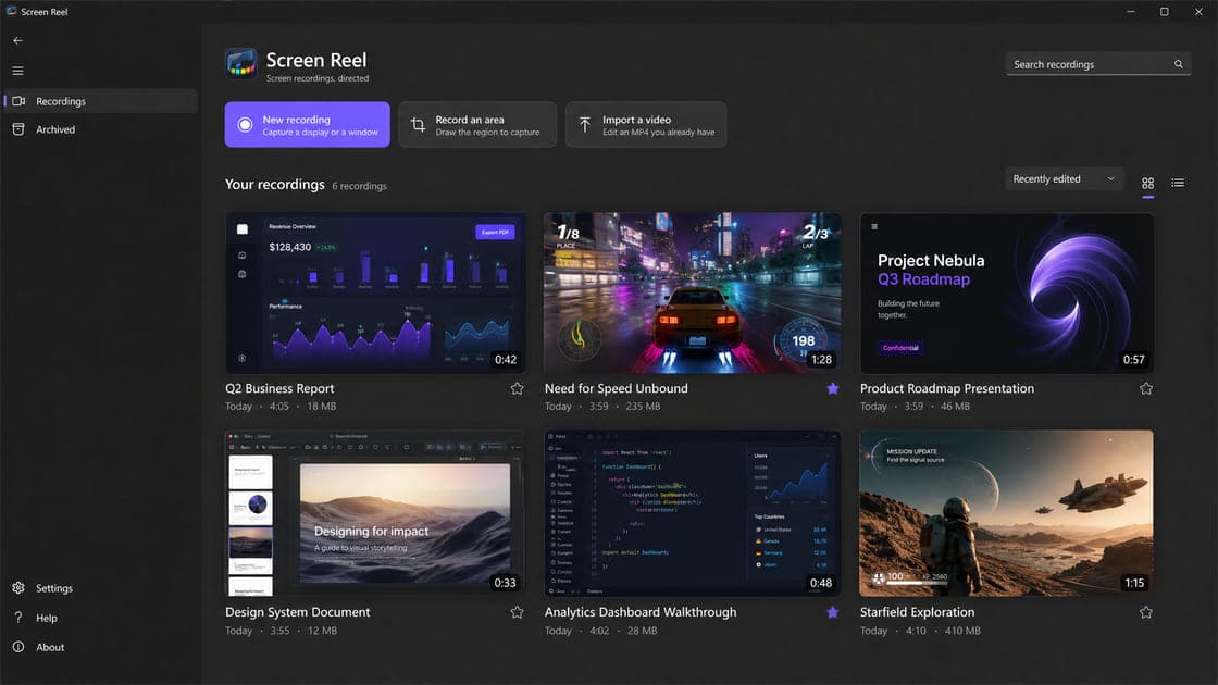 Screen Reel home screen listing recent recordings with actions to start a new recording, record an area, or import a video