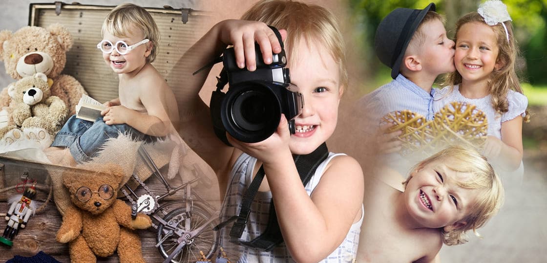 A Coollage family collage of children posing with toys and a camera