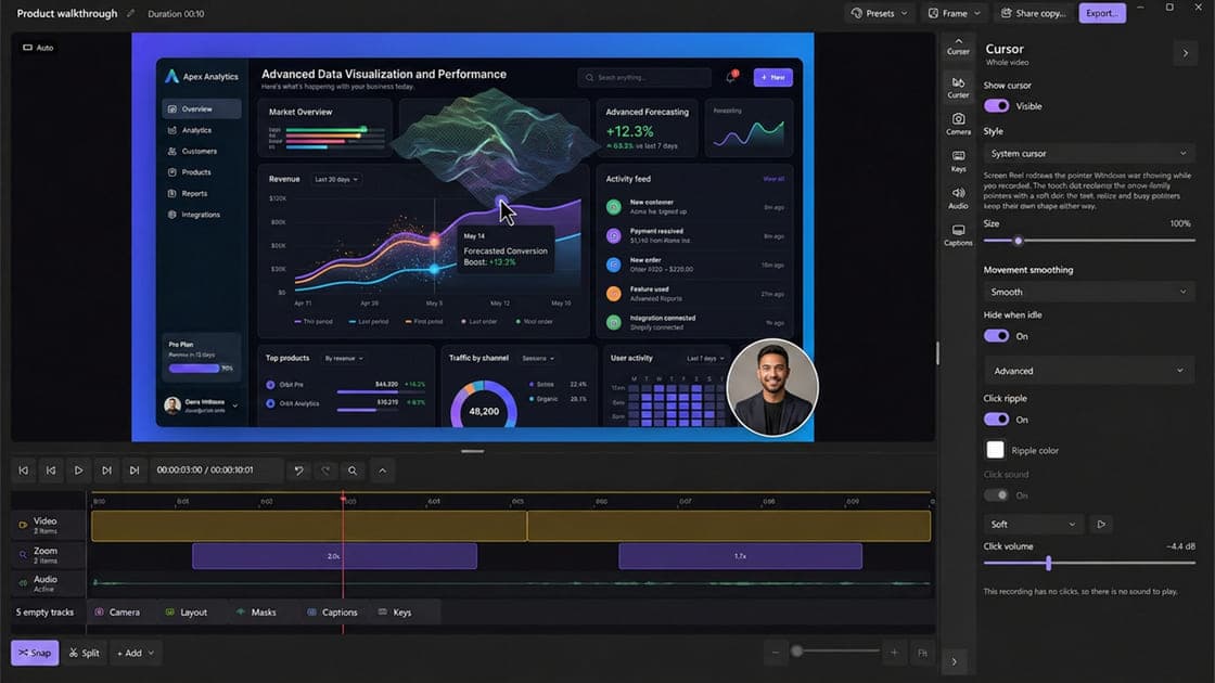 Screen Reel cursor panel over a product walkthrough, with cursor style, size, movement smoothing, hide when idle, click ripple and click sound controls