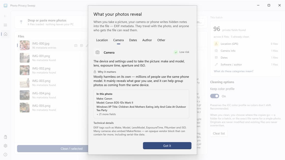 Photo Privacy Sweep explaining GPS risk with safe synthetic coordinates in its What your photos reveal dialog