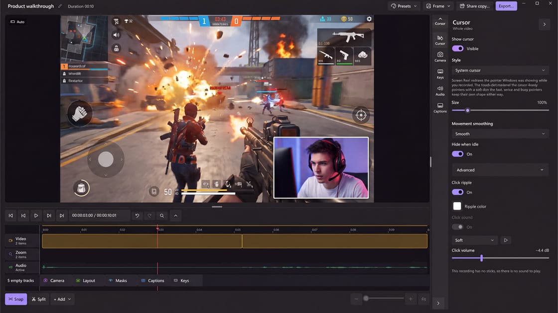 Screen Reel editing a game recording with a webcam overlay while the cursor look and click effects stay editable